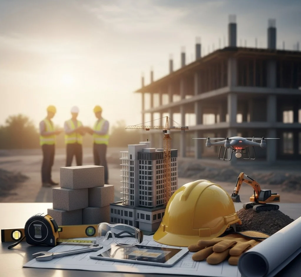 Outils de chantier au premier plan, bâtiment en construction et grue au fond, trois techniciens en discussion.