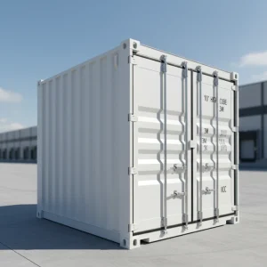 Container 10 pieds neuf blanc – photo non contractuelle, vue extérieure avec portes fermées