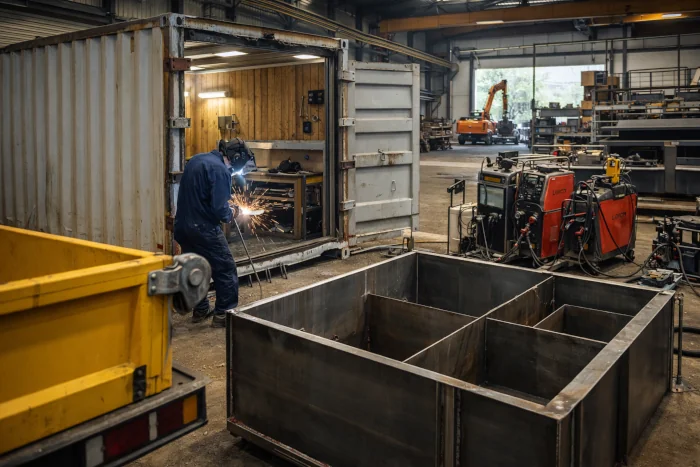 Atelier de préparation spécifique avec transformation de container et travaux de chaudronnerie BTP