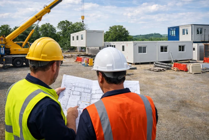 Études et installation de chantier avec plan d’implantation et montage de bases vie modulaires