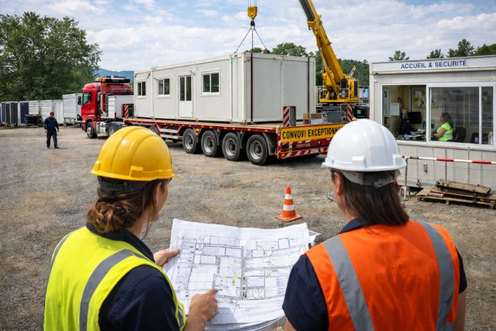Logistique de chantier avec transport exceptionnel et livraison de base vie modulaire.